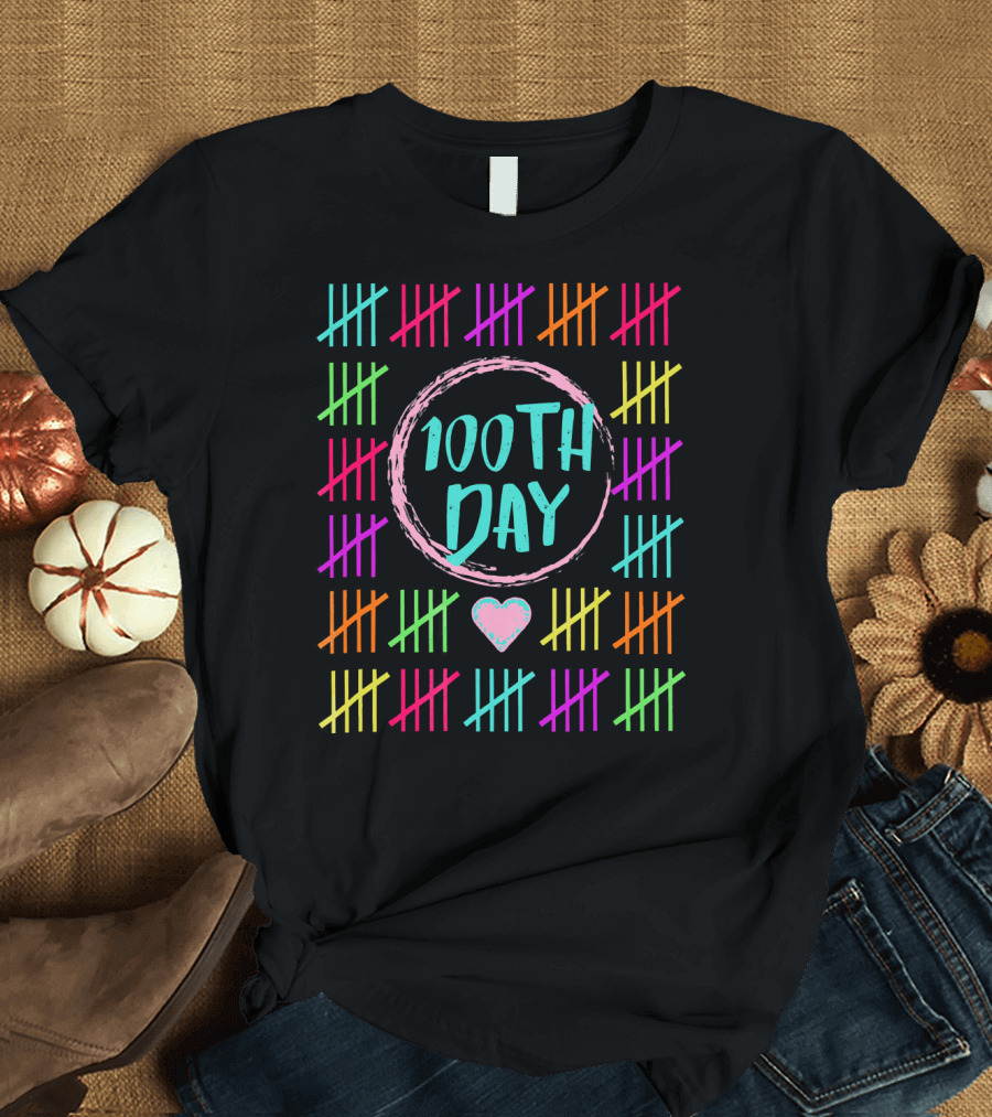 100th Day of School Girl Teacher Tally Marks Heart T-Shirt