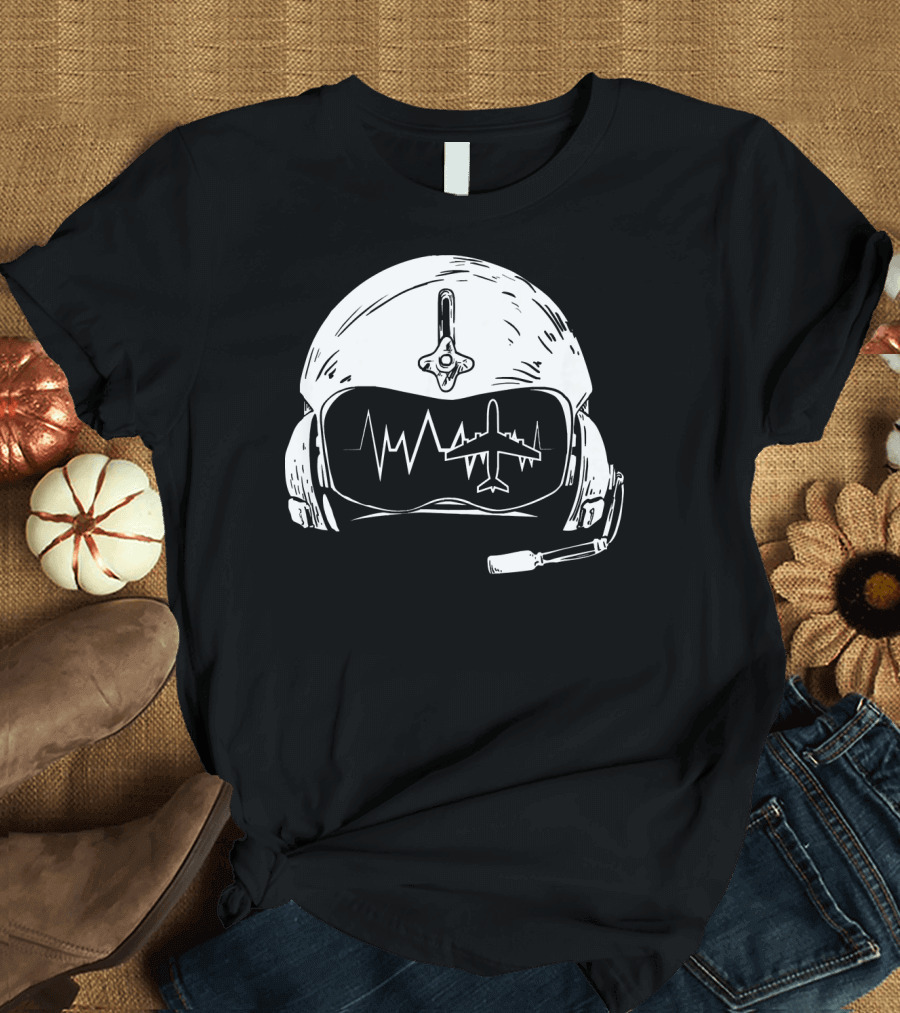 Airplane Pilot Helmet with Heartbeat and Jet Outline T-Shirt