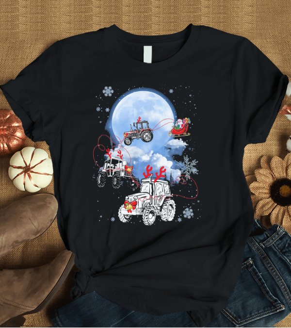 T-Shirt: Funny Santa with Trucker Sleigh and Blue Moon Christmas Scene T-Shirt Funny Santa with Trucker Sleigh and Blue Moon Christmas Scene T-Shirt
