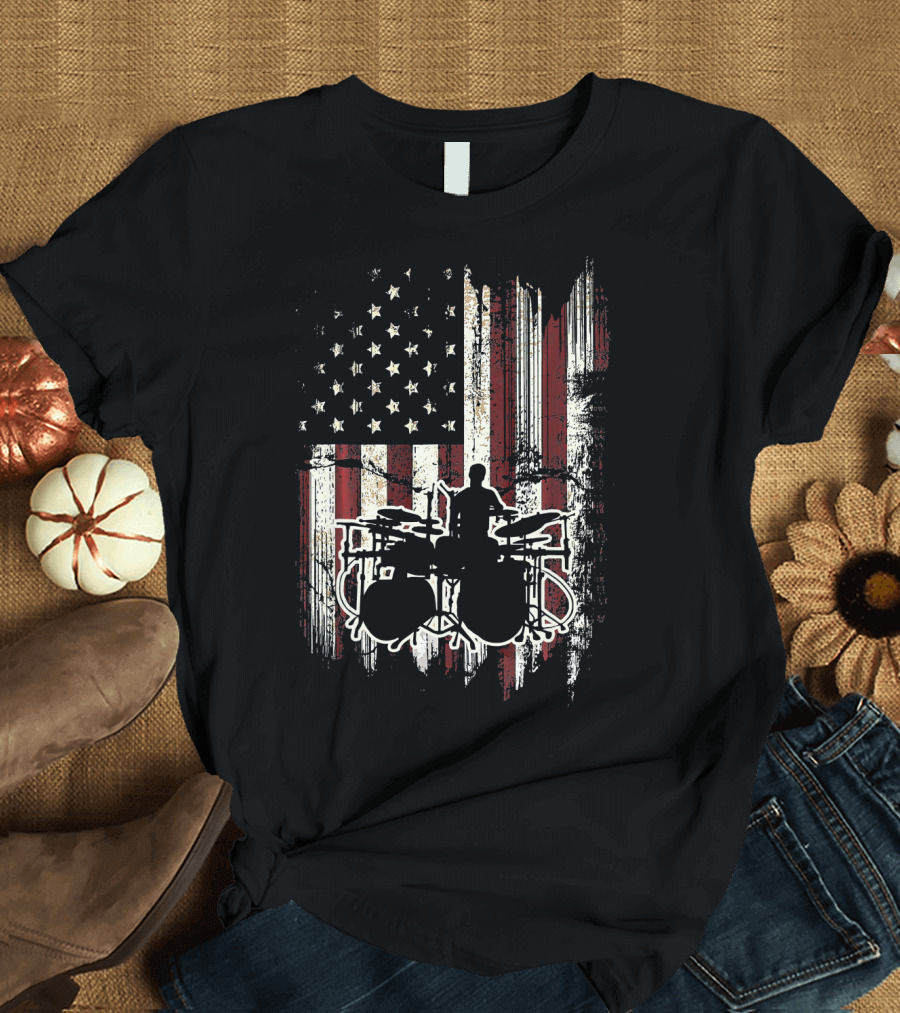 Patriotic Drummer July American Flag Stripe T-Shirt