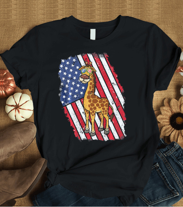 T-Shirt: Giraffe with American Flag Sunglasses and Stars and Stripes Background T-Shirt Giraffe with American Flag Sunglasses and Stars and Stripes Background T-Shirt