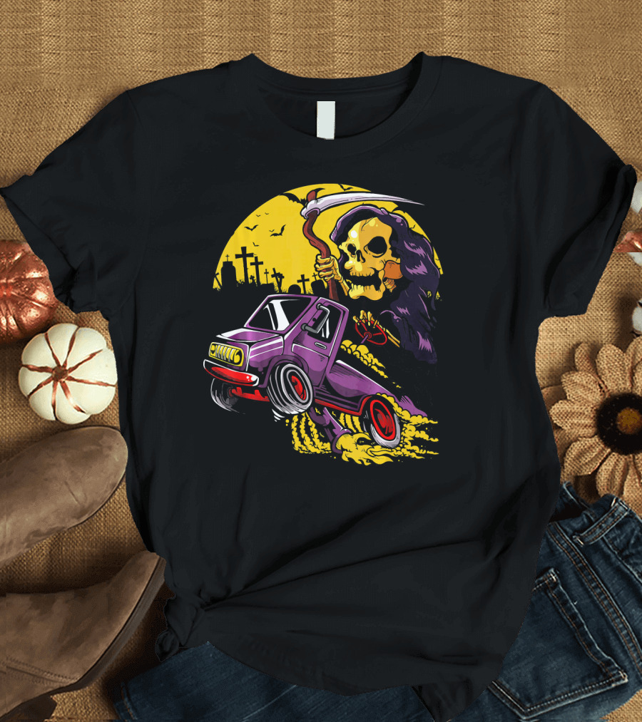 Grim Reaper Trucker Skeleton Driving Purple Truck in Cemetery T-Shirt