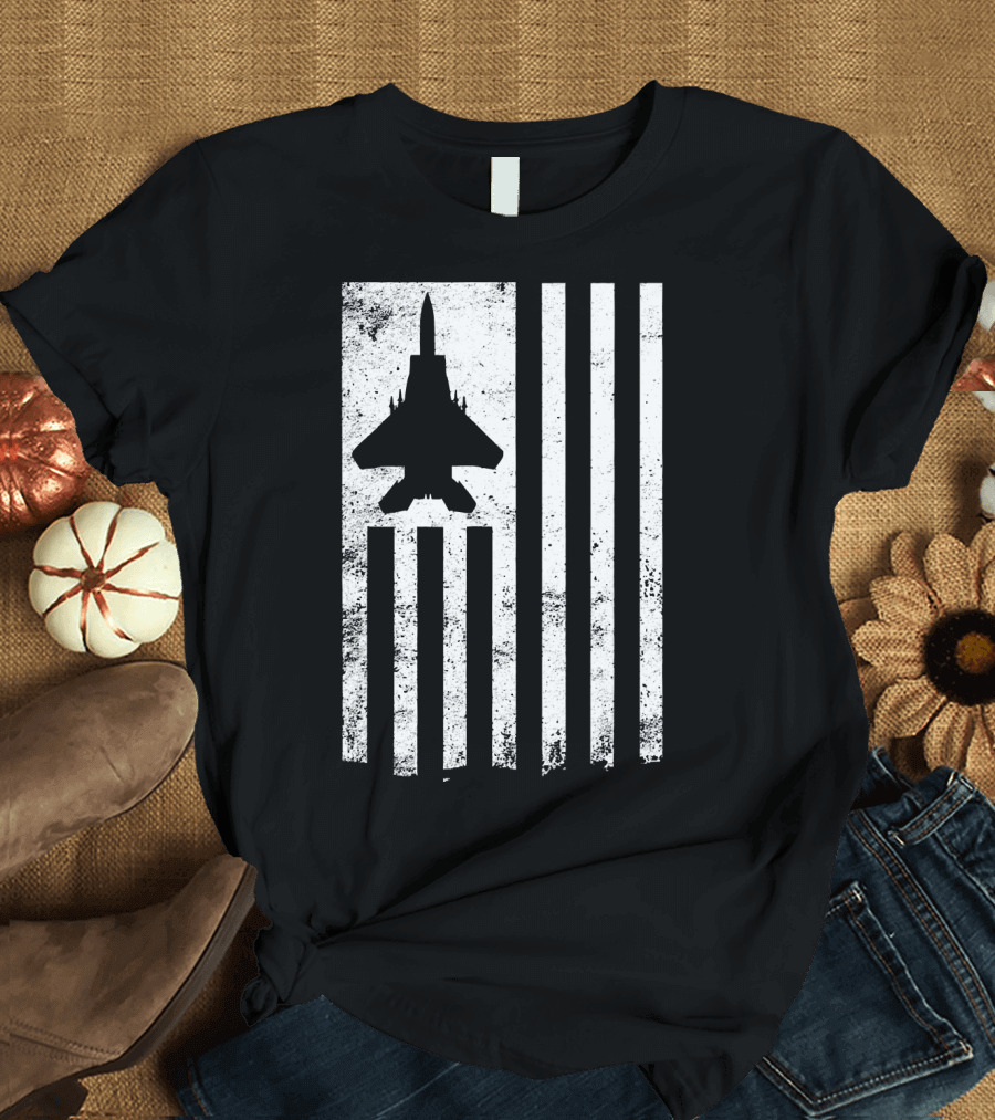 F 15 Eagle Jet Silhouette with USA Flag Stripes for USAF Enthusiasts T-Shirt