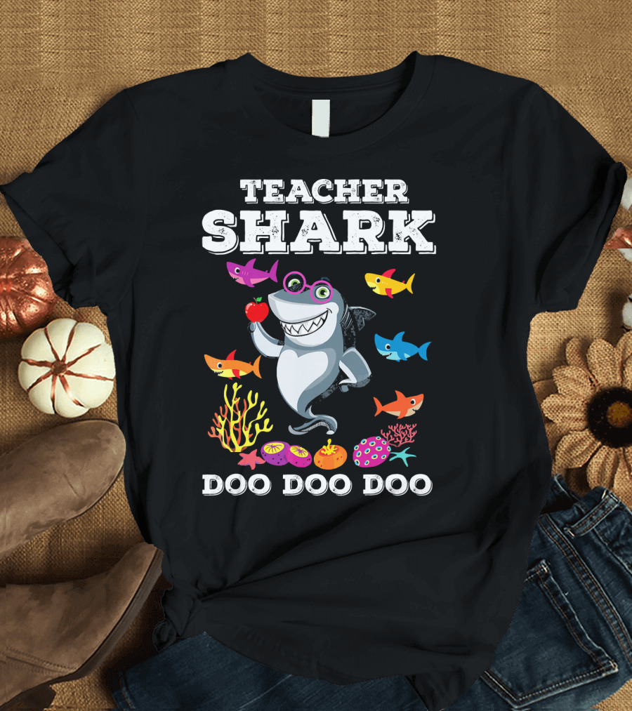 Teacher Shark Doo Doo Doo Funny Graphic with Colorful Fish and Coral T-Shirt