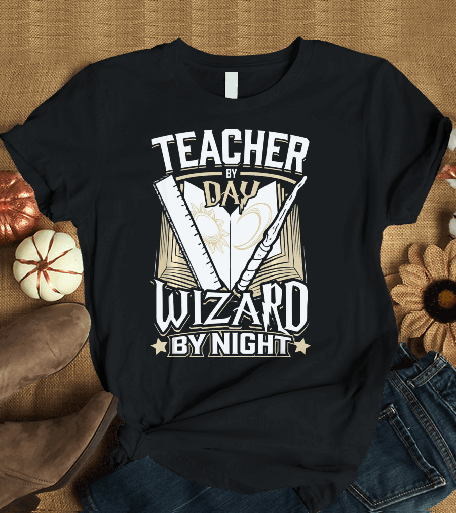 Teacher By Day Wizard By Night Stars Wand Open Book T-Shirt