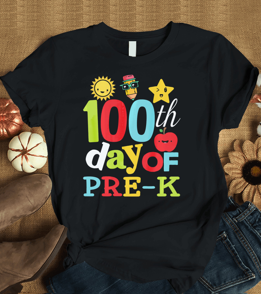 100th Day of Pre-K with Sun Pencil Star Apple T-Shirt