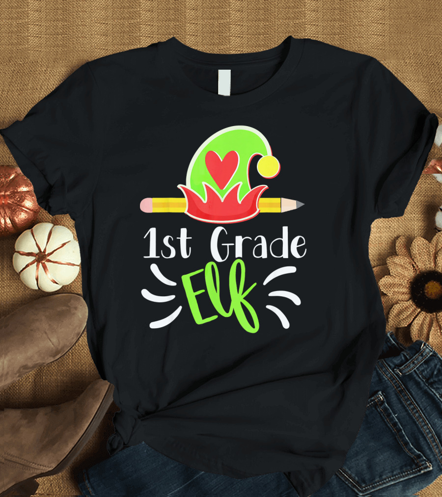 1st Grade Elf Funny Christmas Holiday Pencil Hat Heart T-Shirt
