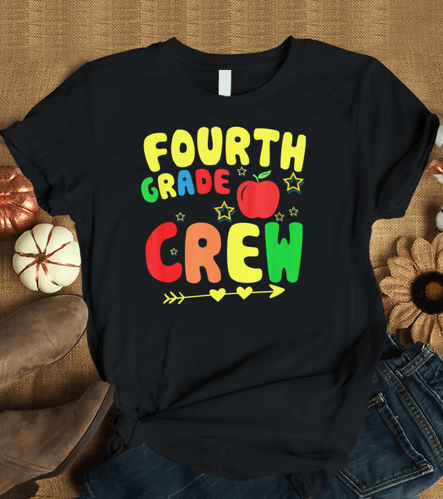 Fourth Grade Crew Funny Back to School Apple Stars T-Shirt