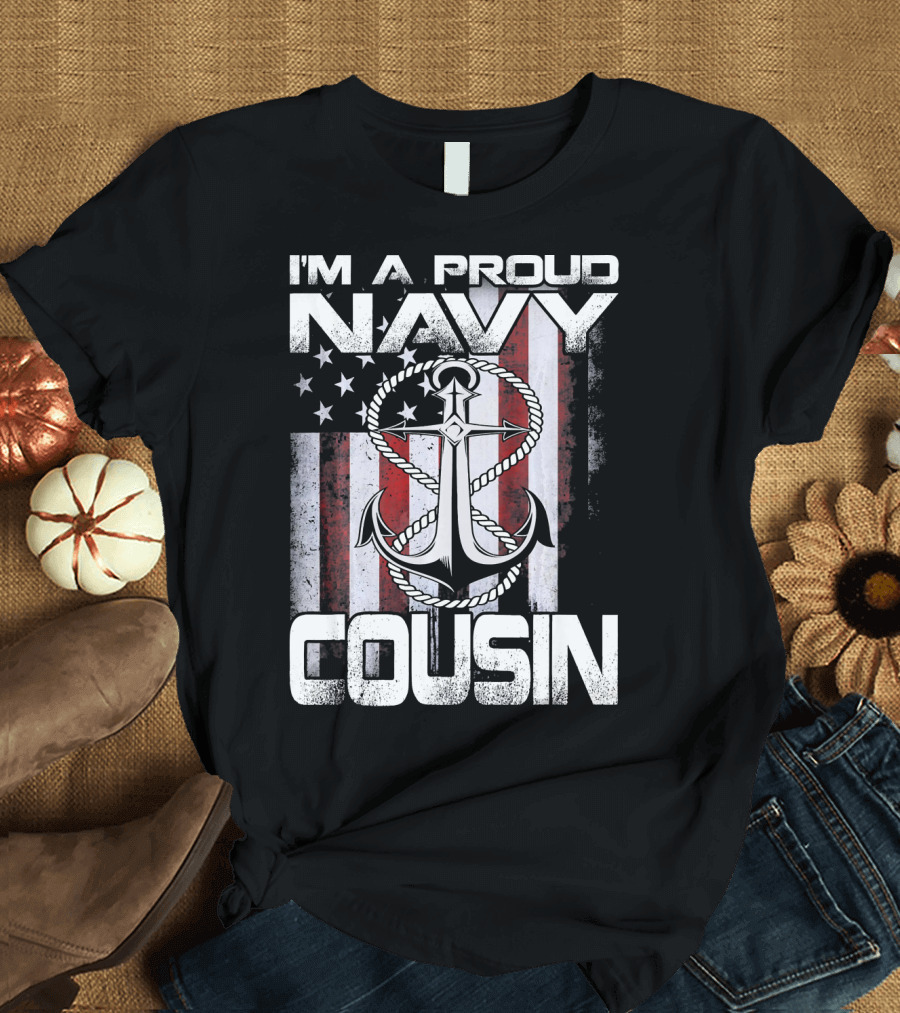 Proud Navy Cousin Anchor with Patriotic American Flag Background T-Shirt
