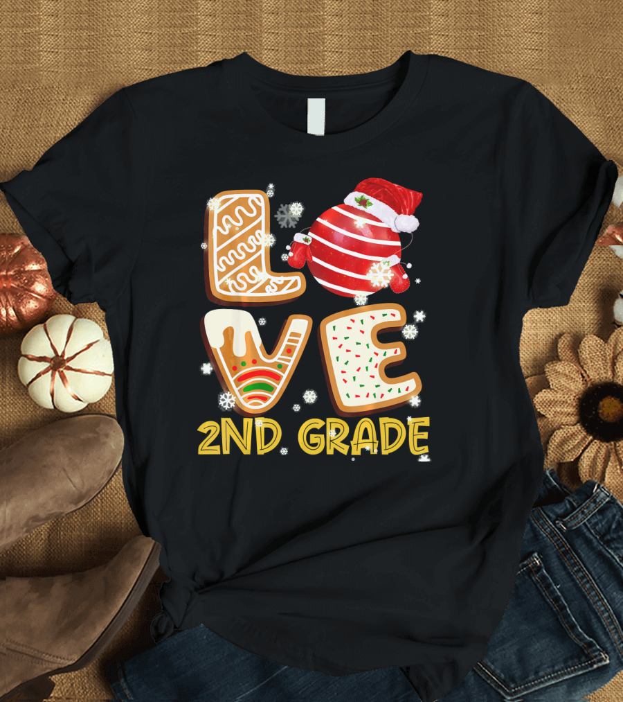 Love 2nd Grade Christmas Cookies with Santa Hat and Snowflakes T-Shirt