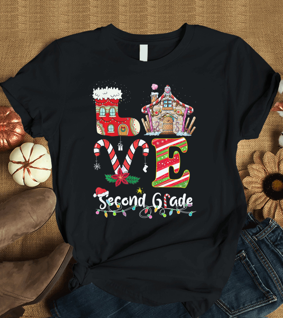 LOVE Second Grade Christmas Candy Cane Gingerbread House Magic T-Shirt