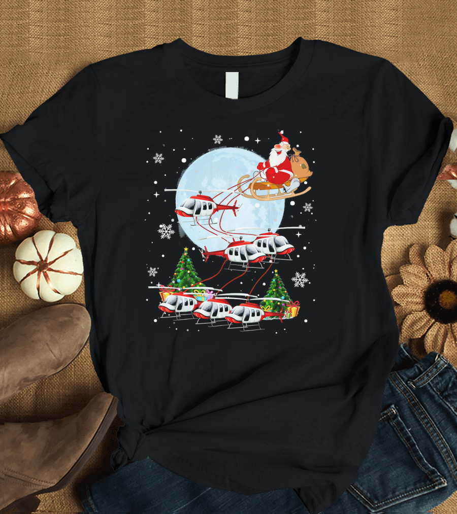 Santa Reindeer Helicopter Pilot Sleigh Christmas Moon Snowflakes T-Shirt
