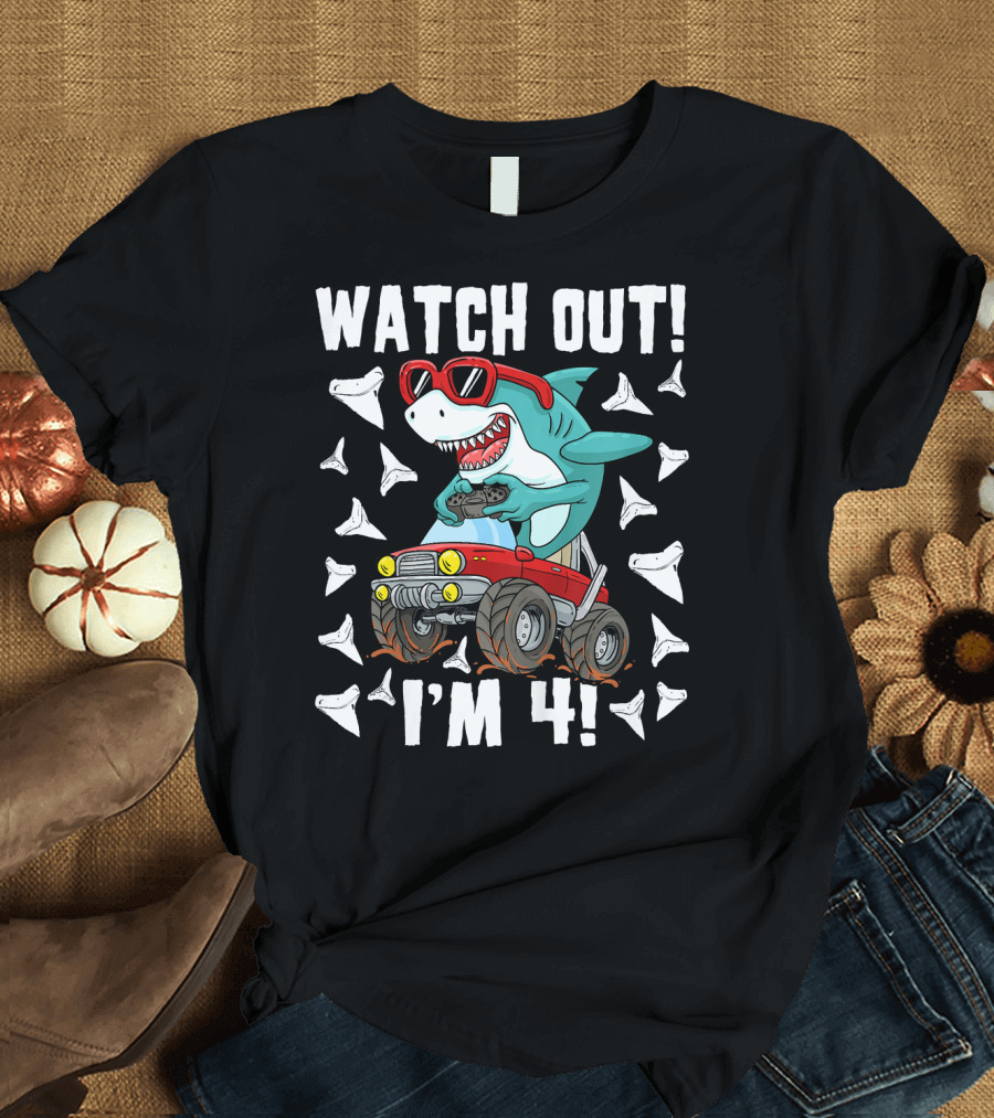 Watch Out I'm 4 Shark Driving Red Toy Car T-Shirt