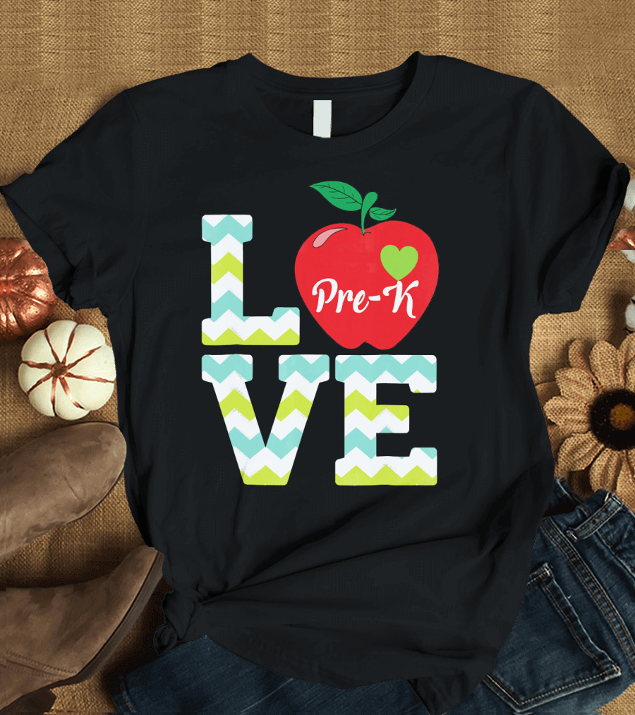 Love Pre K Teacher Heart Apple Chevron T-Shirt