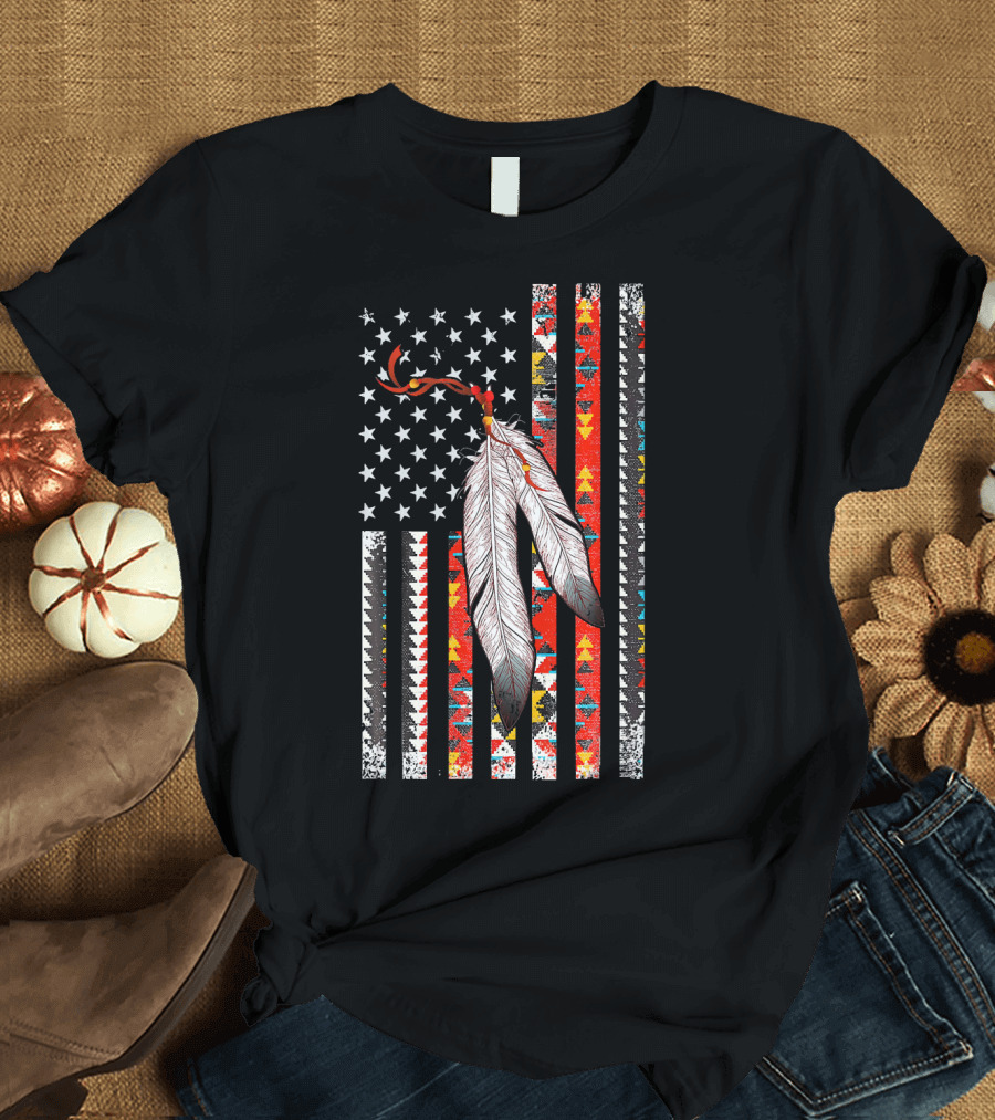 Native American Veteran Feathered Tribal Flag T-Shirt