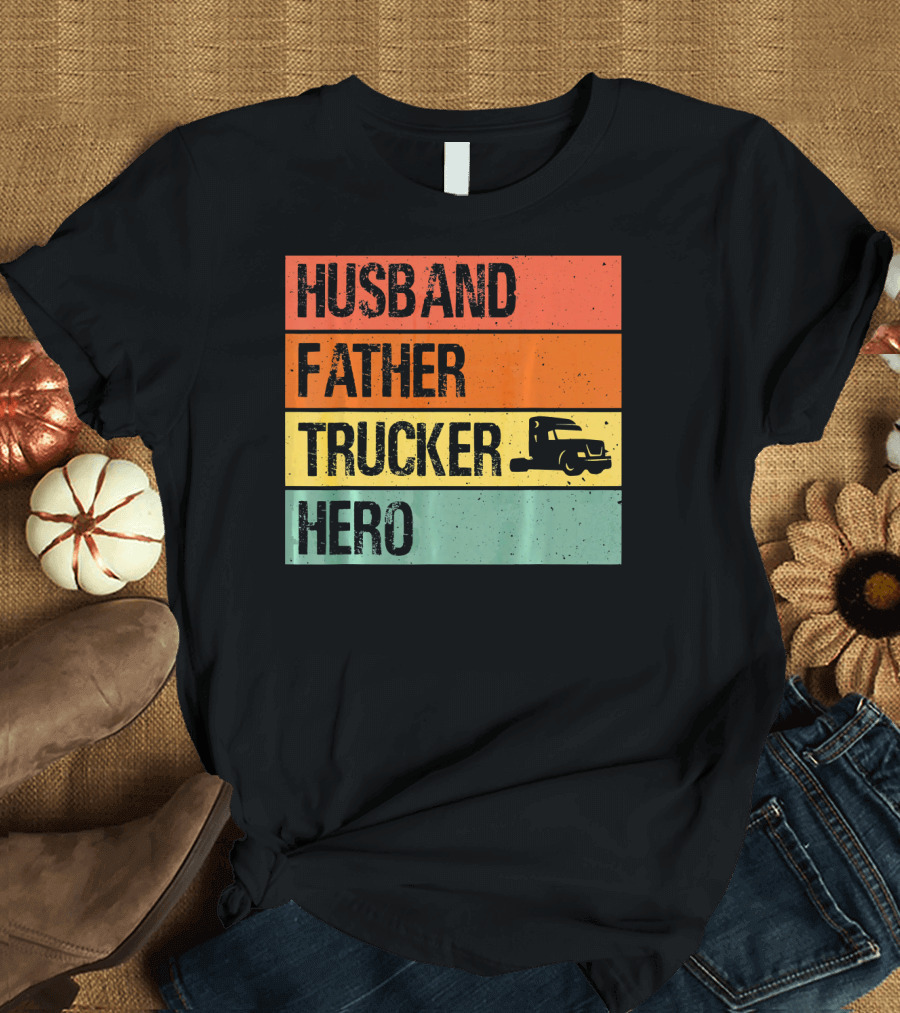 Husband Father Trucker Hero Retro Stripes Truck T-Shirt