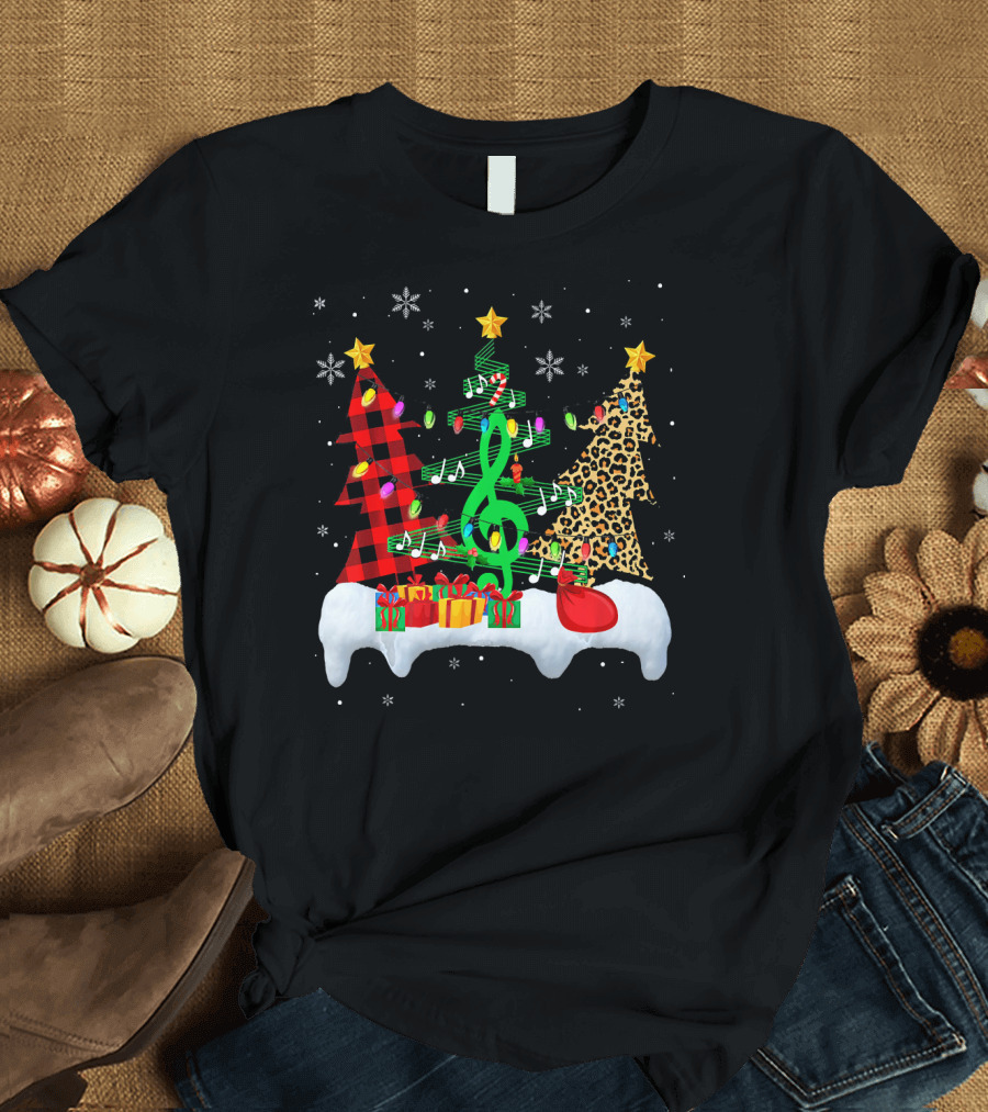 Christmas Music Teacher Three Leopard Trees with Treble Clef and Snowflakes T-Shirt