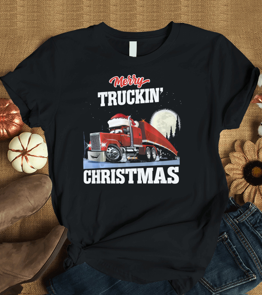 Merry Truckin' Christmas Santa Hat Red Truck and Moon T-Shirt