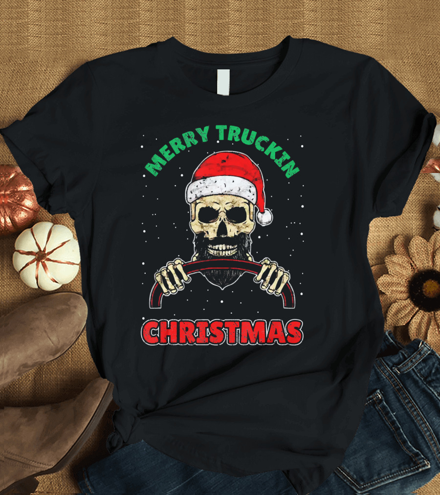 Merry Truckin Christmas Santa Skull Steering T-Shirt