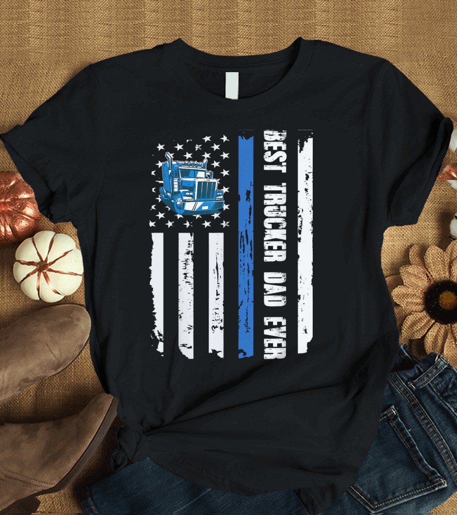 Mens USA Best Trucker Dad Ever American Flag Truck T-Shirt