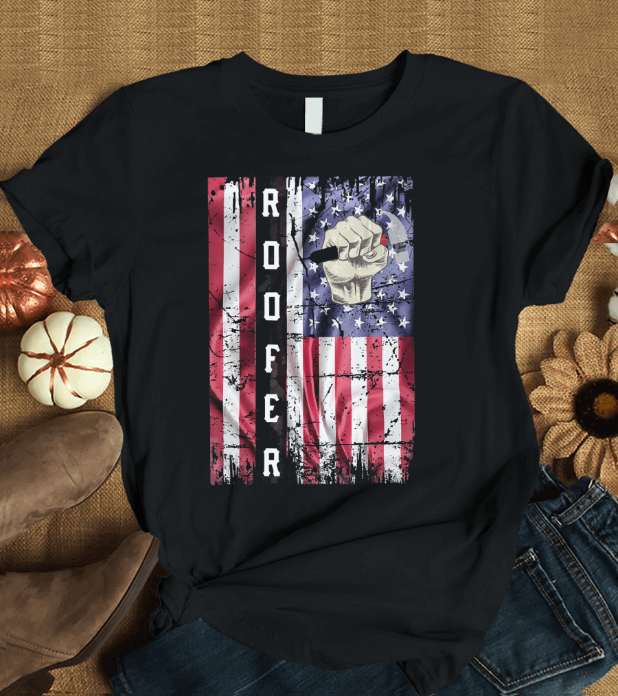 Roofer Hammer Fist Distressed American Flag T-Shirt