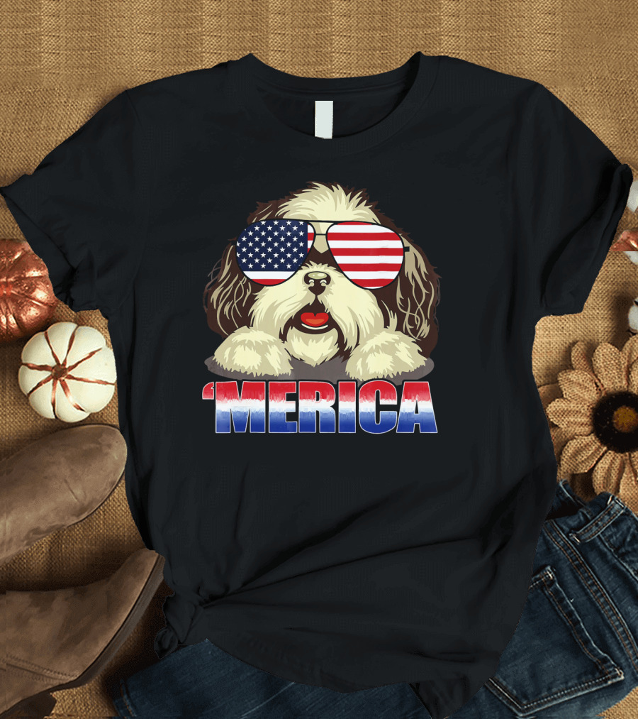 Shih Tzu Merica Patriotic Dog with American Flag Sunglasses T-Shirt