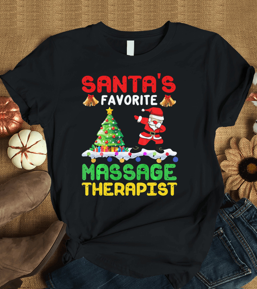Santa's Favorite Massage Therapist Christmas Tree and Dancing Santa Bells T-Shirt