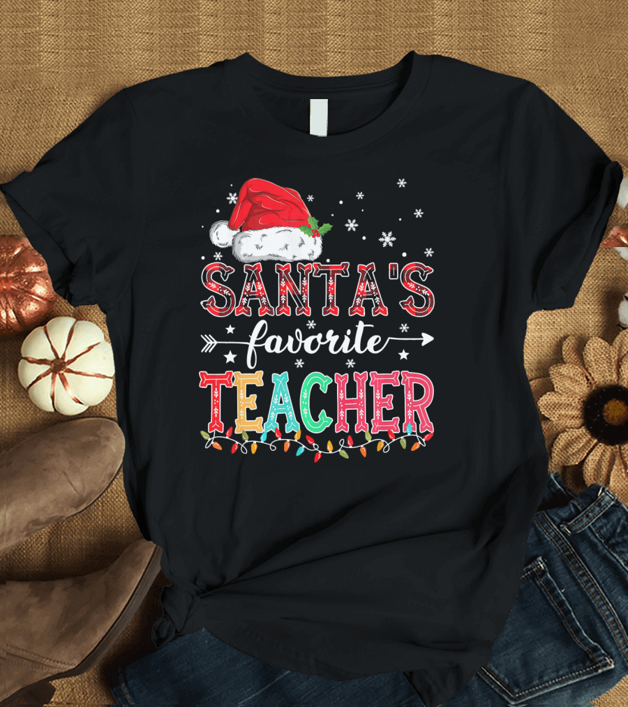 Santa's Favorite Teacher Christmas Lights Santa Hat Snowflakes T-Shirt