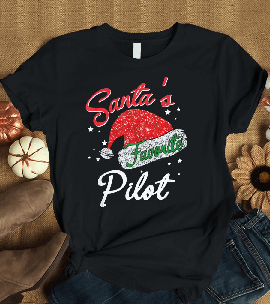 Santa's Favorite Pilot Santa Hat Stars Snowflakes T-Shirt