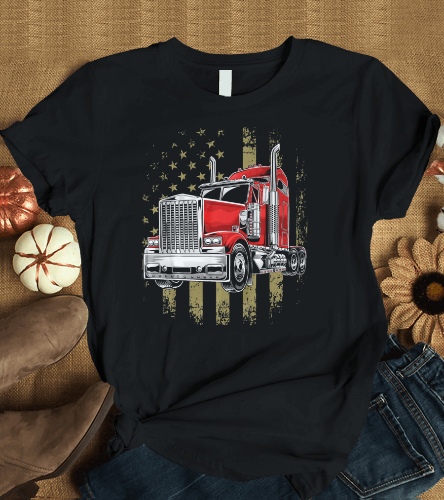 Red Patriotic Truck with American Flag T-Shirt