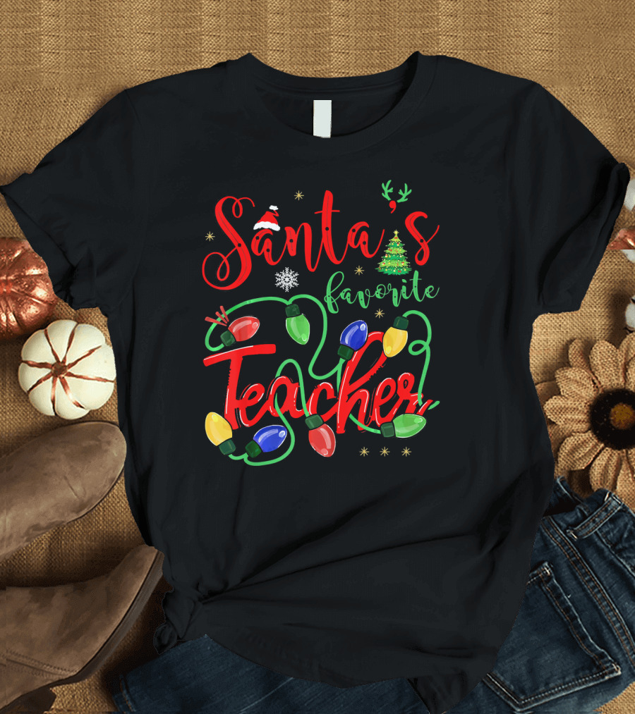 Santa's Favorite Teacher Christmas Lights Santa Hat Snowflake Tree T-Shirt