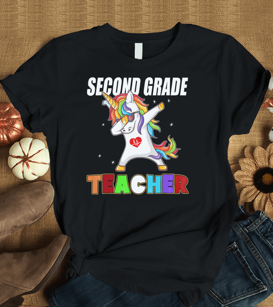 Second Grade Teacher Unicorn Dabbing with Rainbow Mane T-Shirt