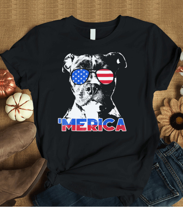 T-Shirt: 'Merica Pitbull Stars and Stripes Sunglasses T-Shirt 'Merica Pitbull Stars and Stripes Sunglasses T-Shirt