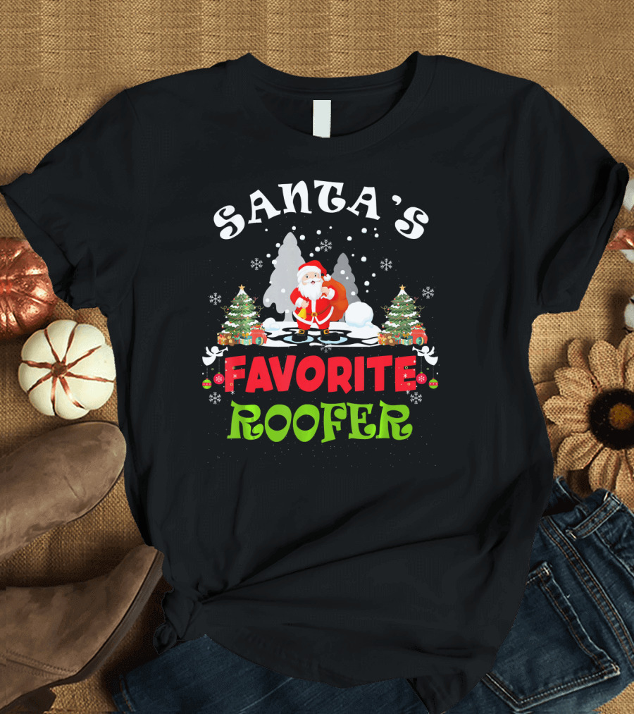 SANTA'S FAVORITE ROOFER Christmas Trees Snowflakes T-Shirt