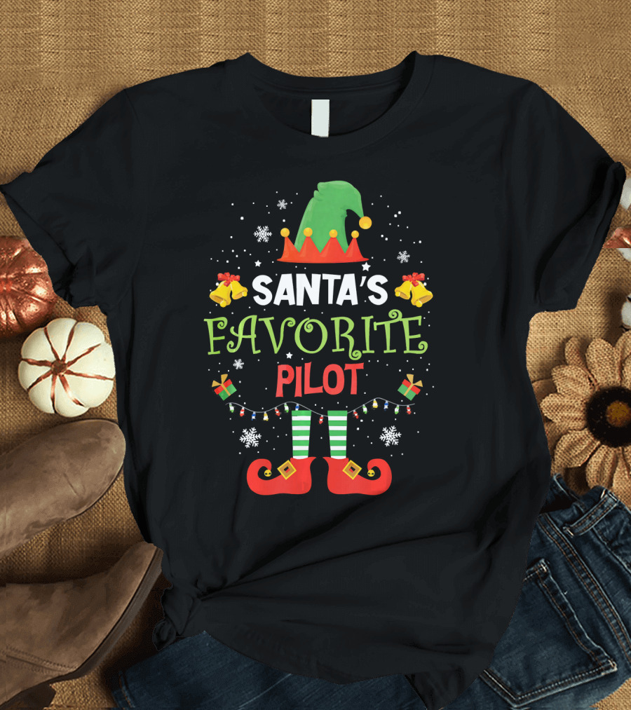 Santa's Favorite Pilot Elf Christmas Hat and Shoes Festive T-Shirt