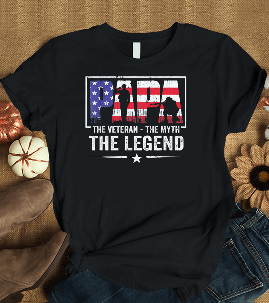 Pâpâ The Veteran The Myth The Legend American Flag Silhouette Star T-Shirt