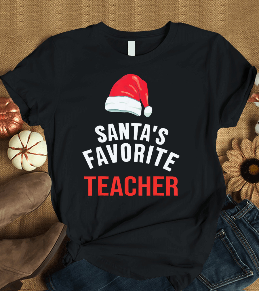 Santa's Favorite Teacher Christmas Red Santa Hat T-Shirt