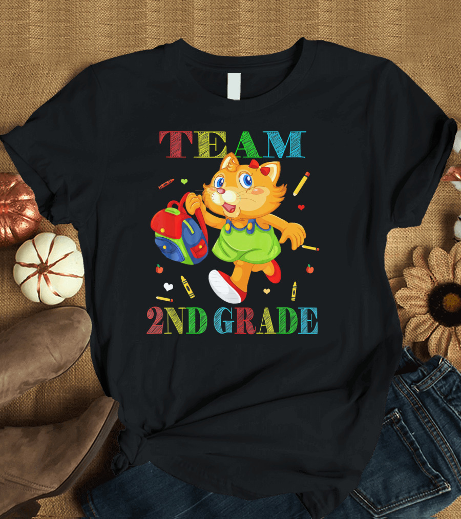 Team 2nd Grade Cute Cat Backpack Crayons T-Shirt
