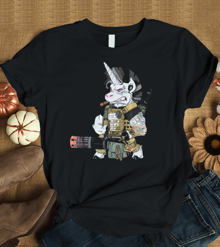 Tactical Unicorn Combat Soldier Veteran with Gun and Tattoos T-Shirt