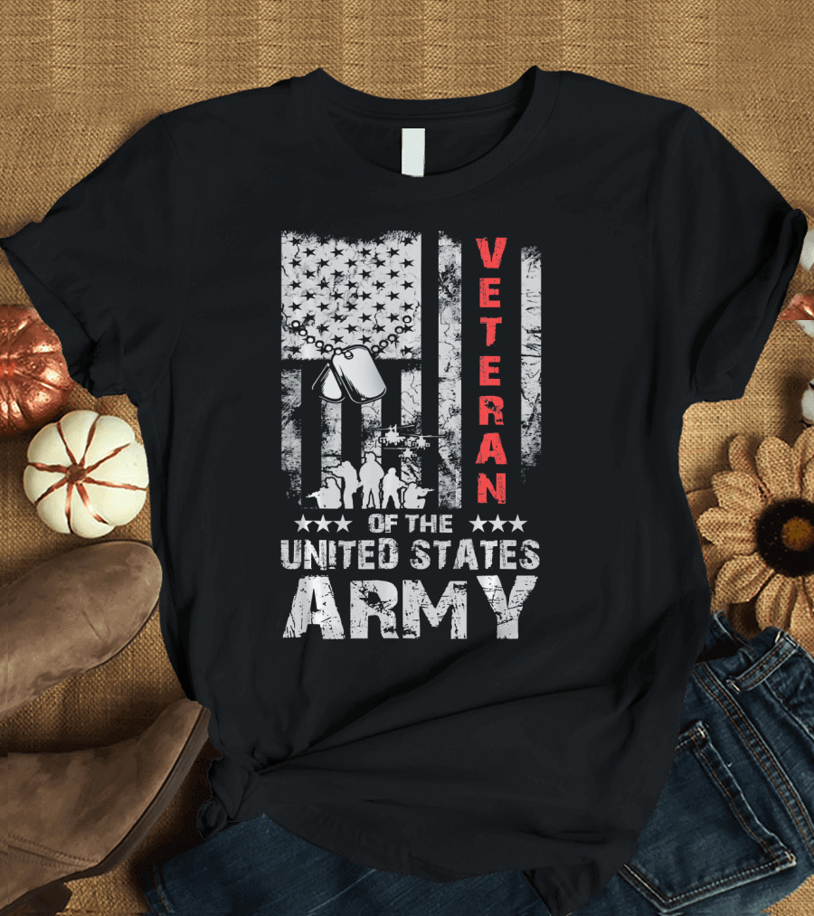 Veteran of the United States Army with American Flag and Dog Tags T-Shirt