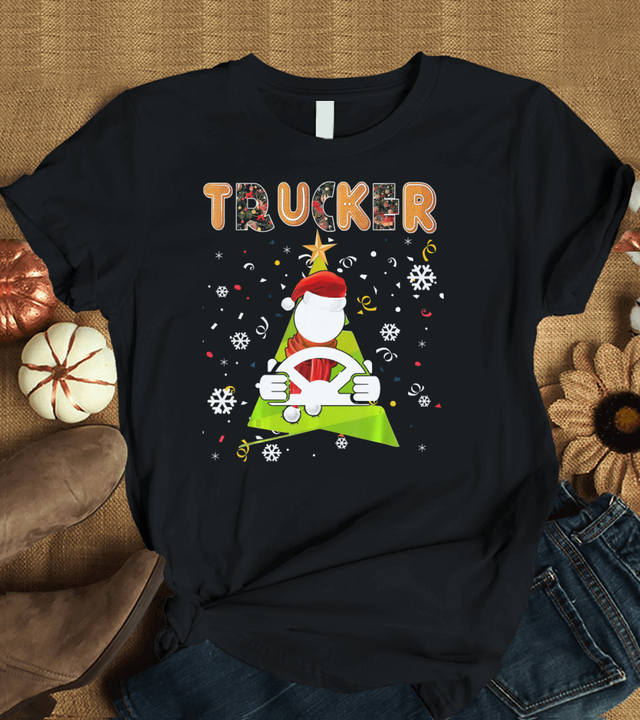 Trucker Christmas Tree Gingerbread Santa Steering Wheel Snowflakes T-Shirt