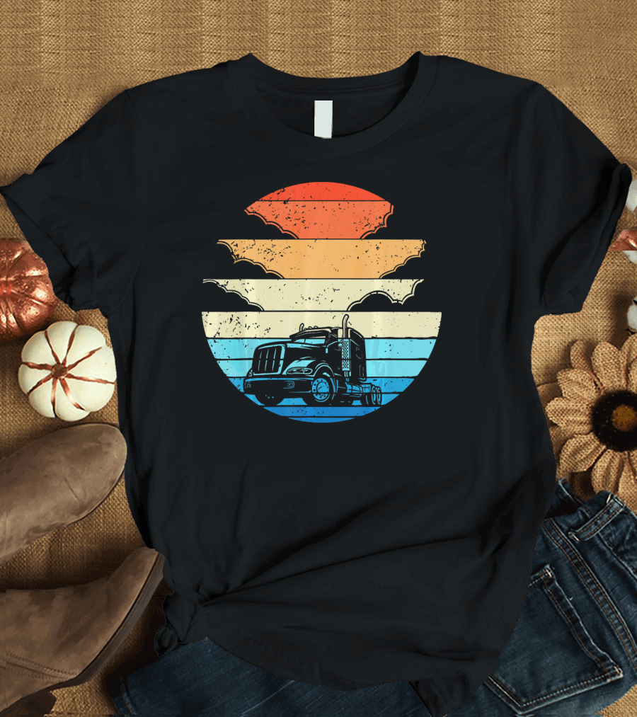 Trucker Pride Trucking Lover Vintage Semi Truck Retro Sunset T-Shirt