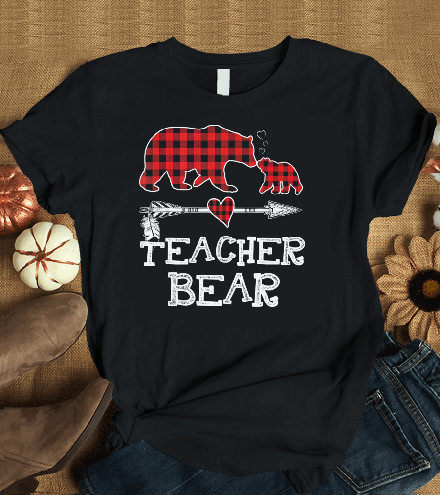 Teacher Bear Red Plaid Heart Arrow Christmas T-Shirt