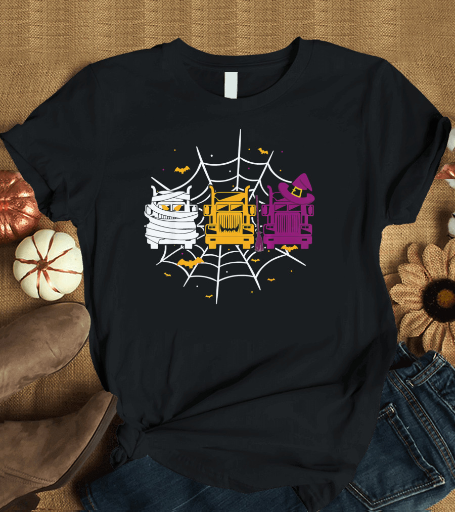 Truck Driver Mummy Pumpkin Witch Hat Halloween Web Bats T-Shirt