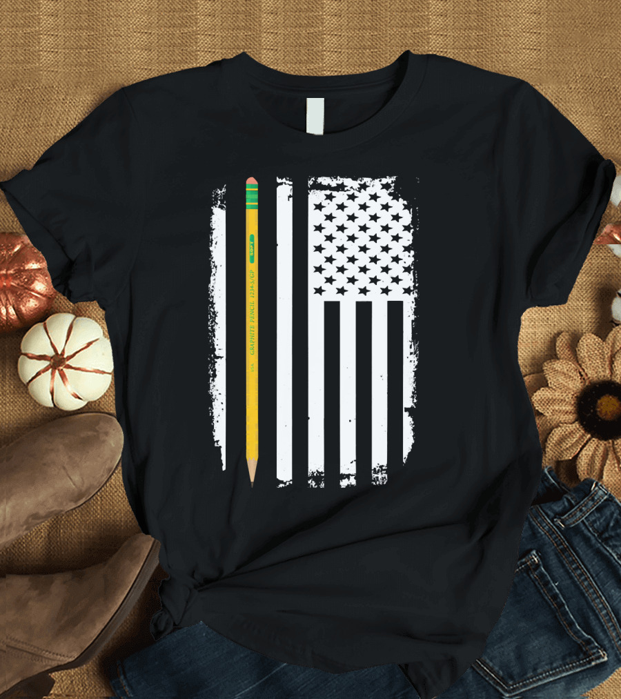 Graphite Pencil Line USA Flag Teacher T-Shirt