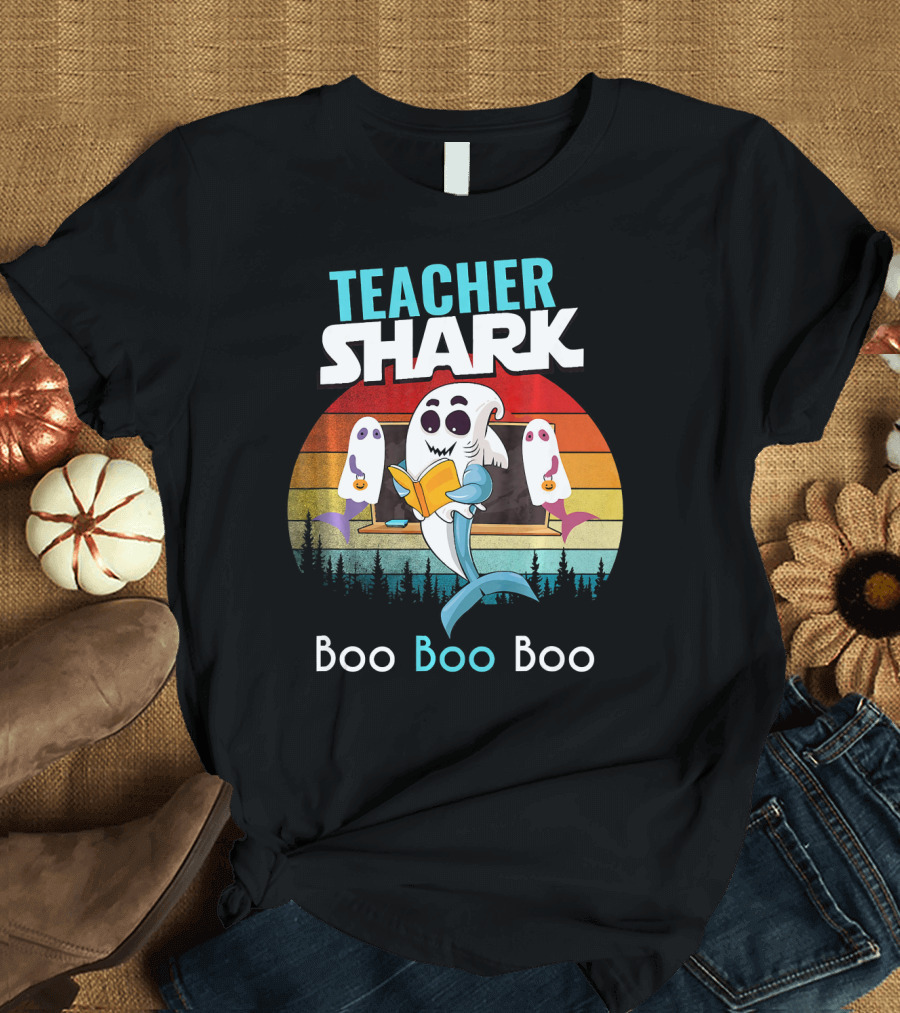 Teacher Shark Boo Boo Boo Vintage Style Ghosts Reading T-Shirt