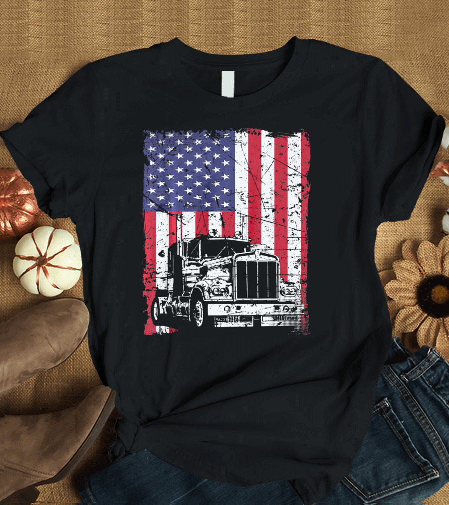 Vintage American Flag with Classic Truck Driver T-Shirt