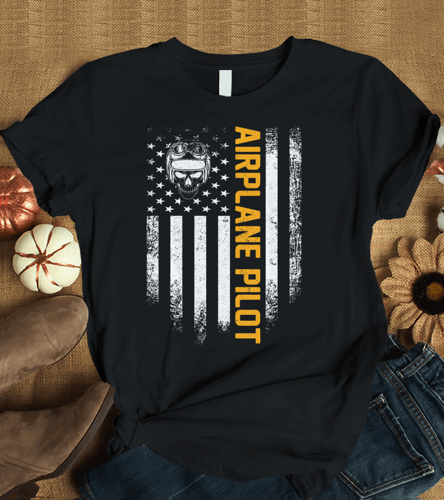 Vintage USA Airplane Pilot American Flag Skull Goggles T-Shirt