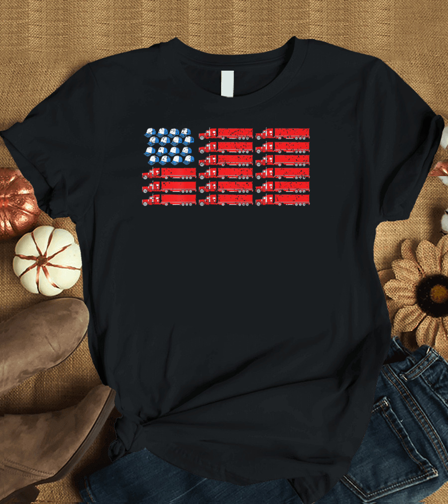 Vintage Trucker Hat American Flag with Patriotic Red Trucks and Blue Hats T-Shirt