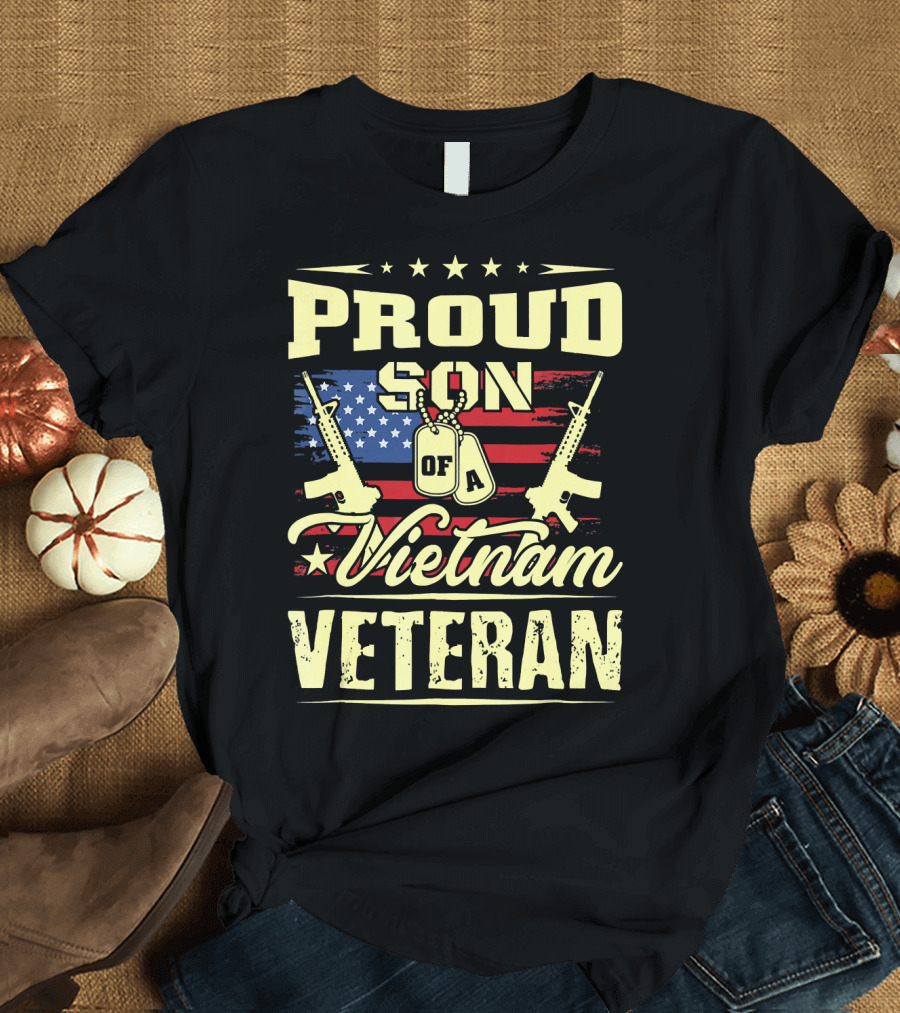 Proud Son of a Vietnam Veteran with American Flag and Dog Tags T-Shirt